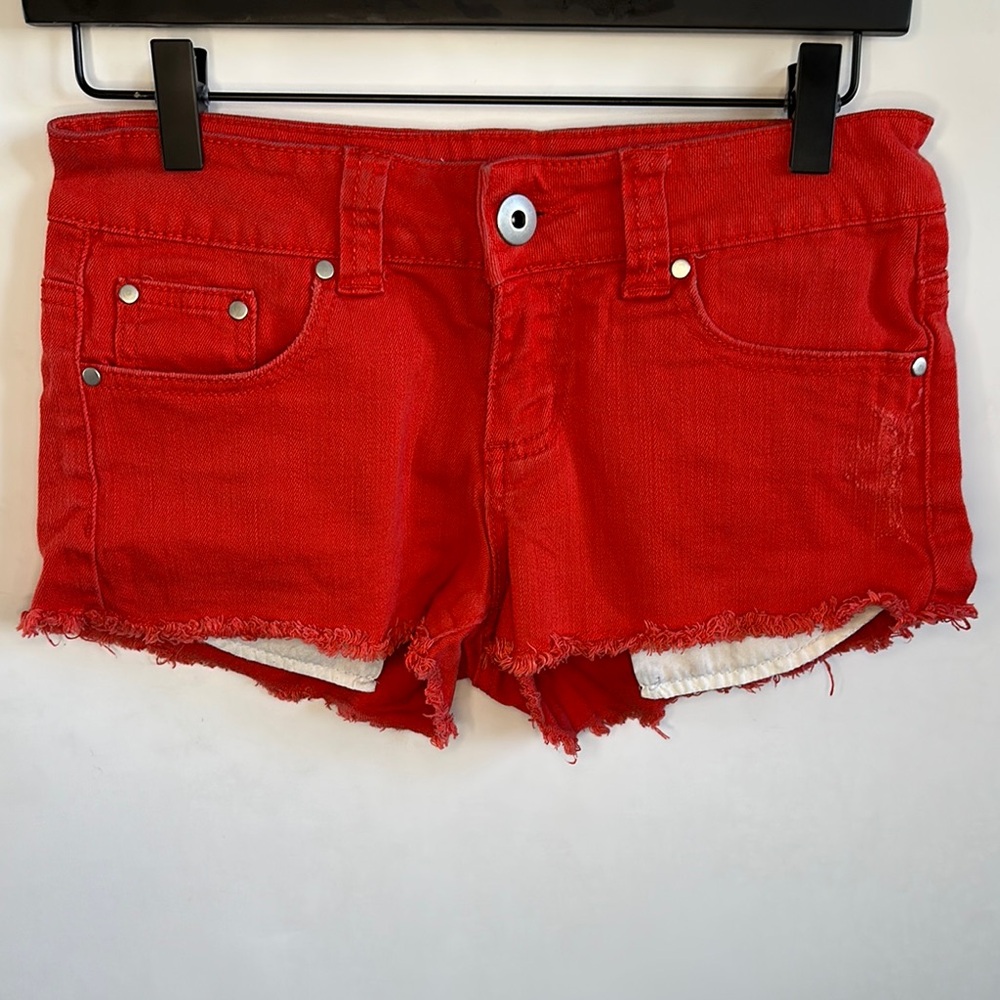 Forever 21 Vibrant Red Jean Shorts with Frayed Hem